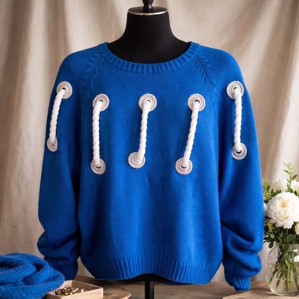 Melbourne Classix Vintage 80's‎ Large Blue Nautical Rope Knit Sweater OOAK Coast